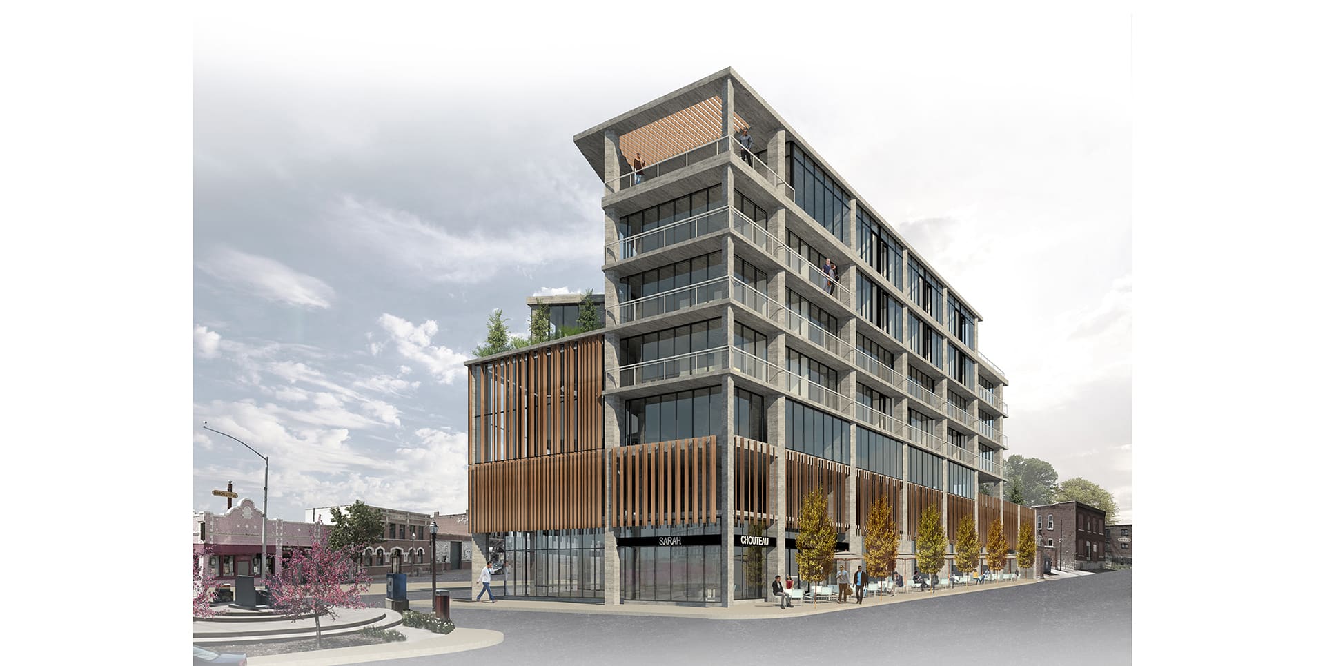 rendering of the grove mixed use building designed by trivers architectural firm in st. louis