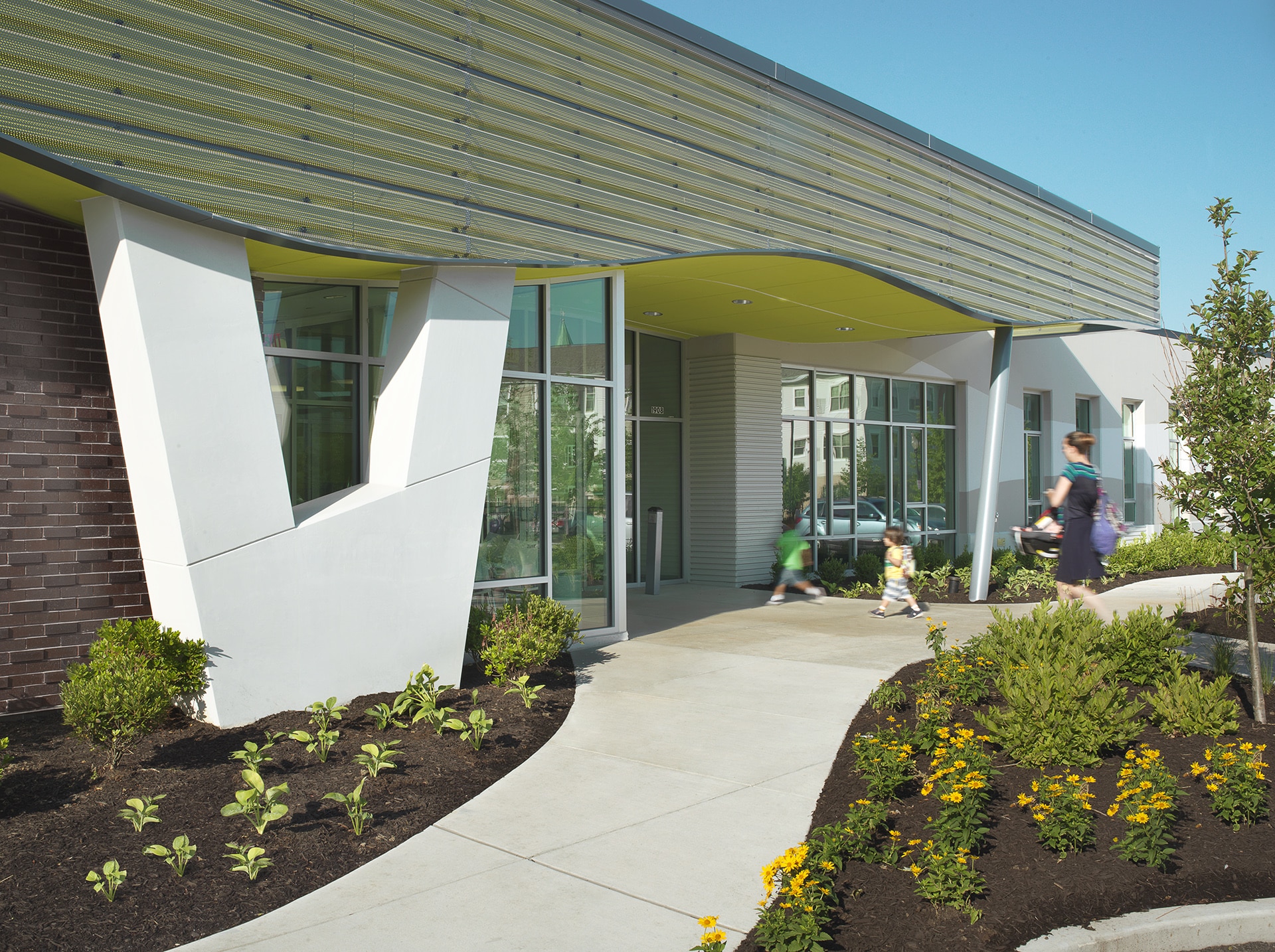 entryway of flance early childhood school designed by trivers architectural firm