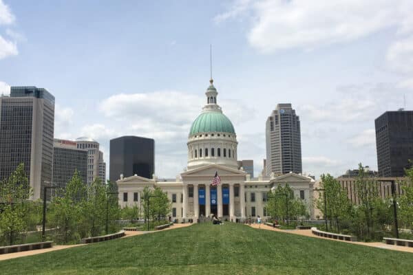 exterior of old courthouse redesigned by trivers architectural firm in st. louis