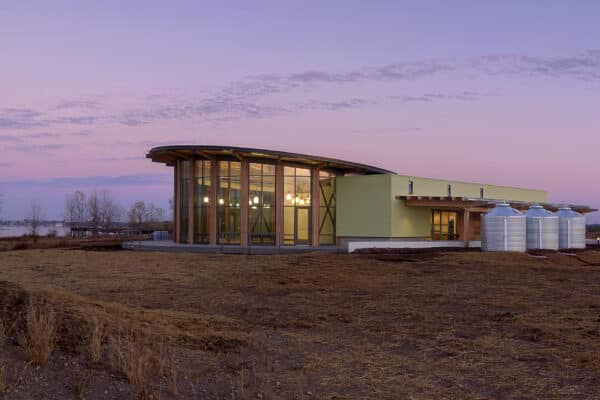 exterior of the riverlands at dusk designed by trivers architectural firm in st. louis