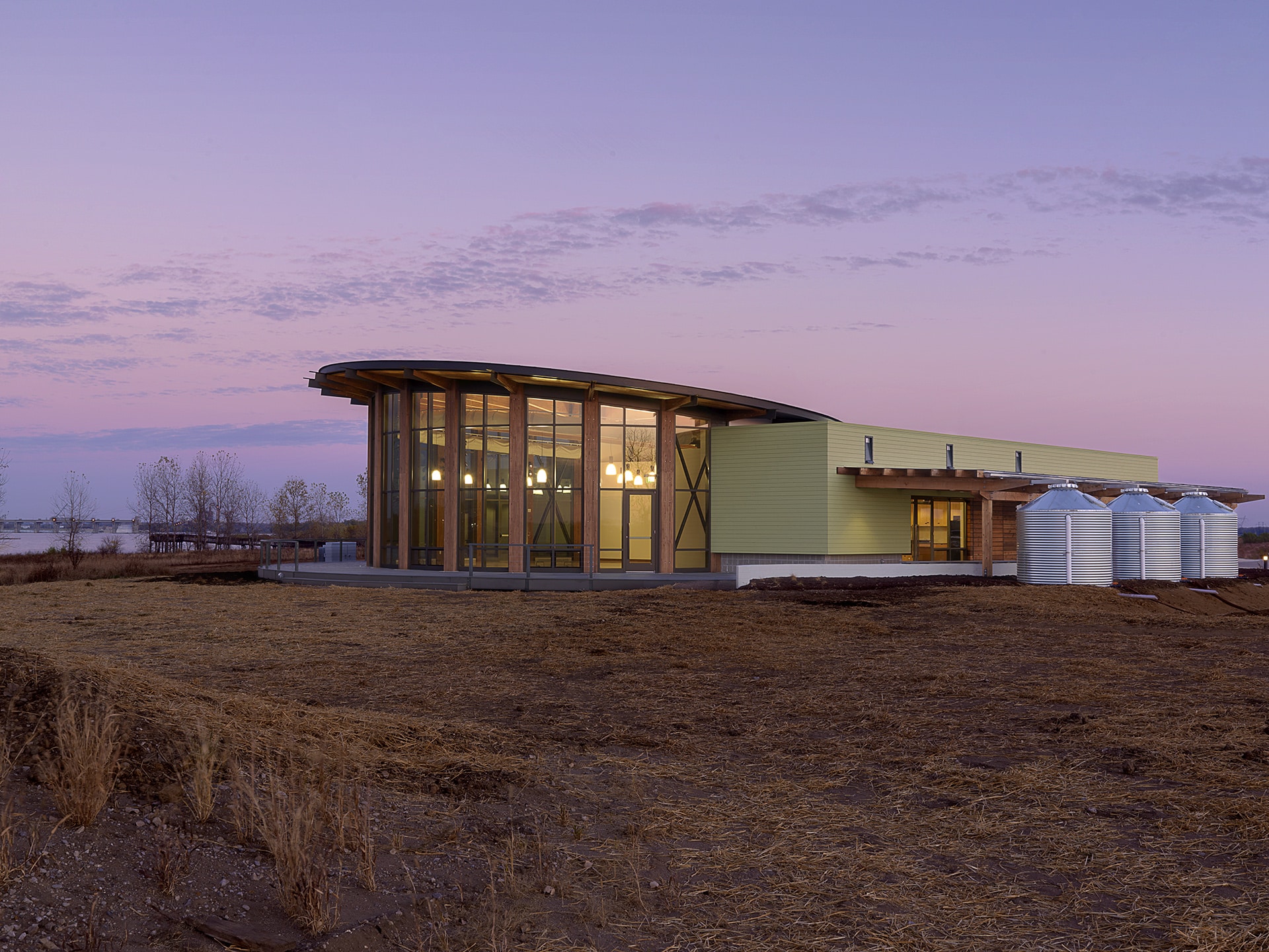 exterior of the riverlands at dusk designed by trivers architectural firm in st. louis
