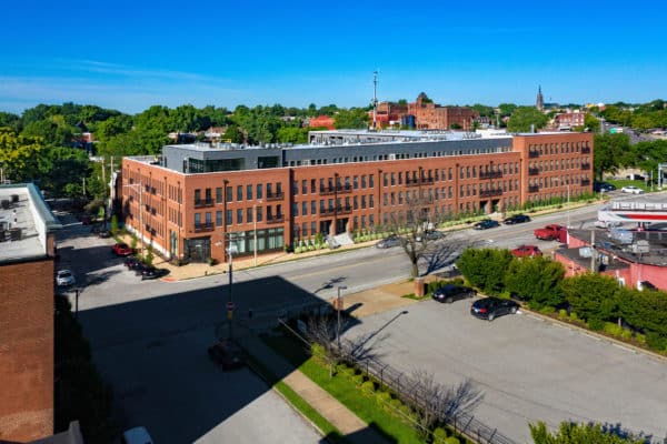 aerial of russell apartment building designed by trivers architectural firm in st. louis
