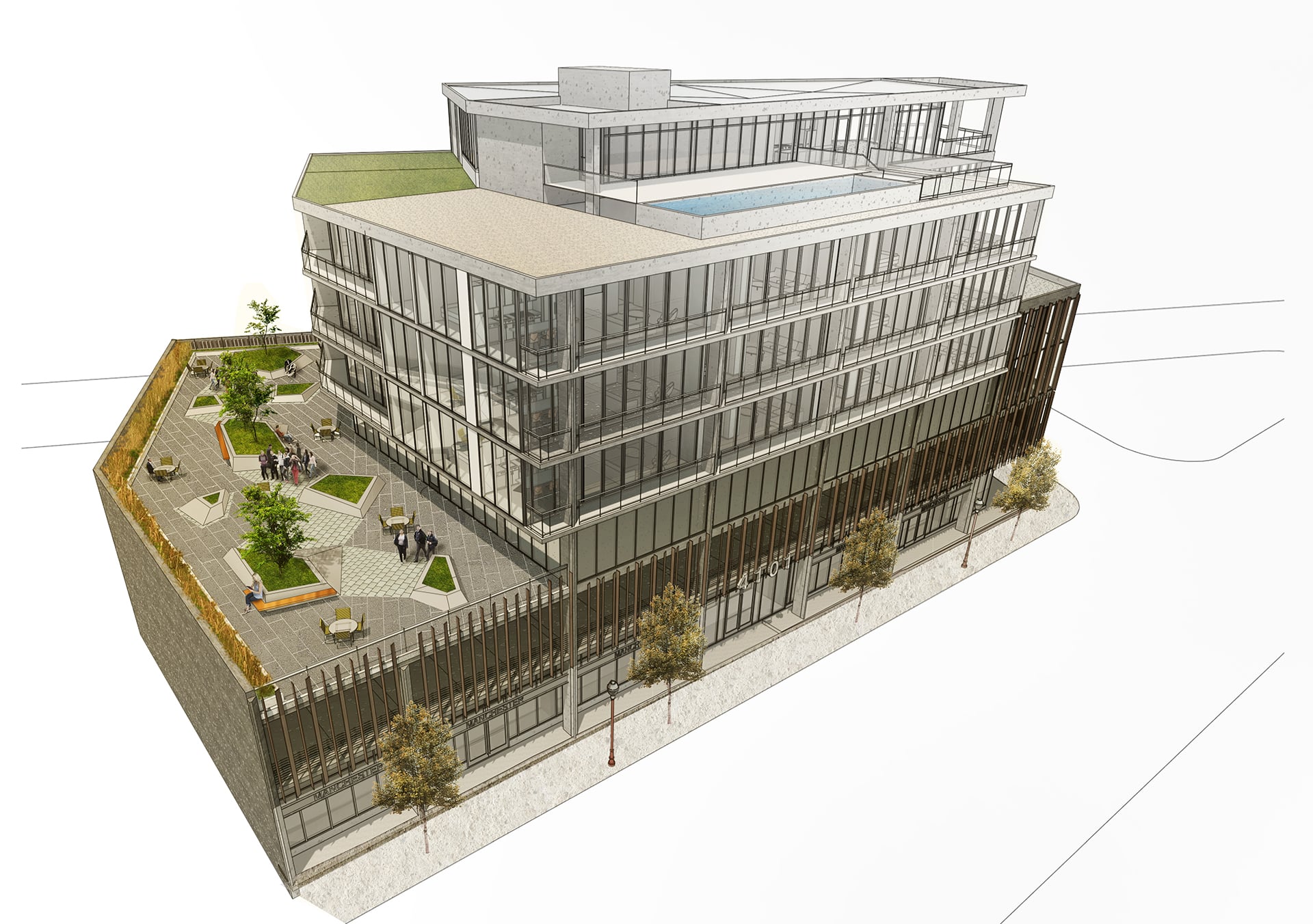 rendering of exterior of mixed use building designed by trivers architectural firm in st. louis