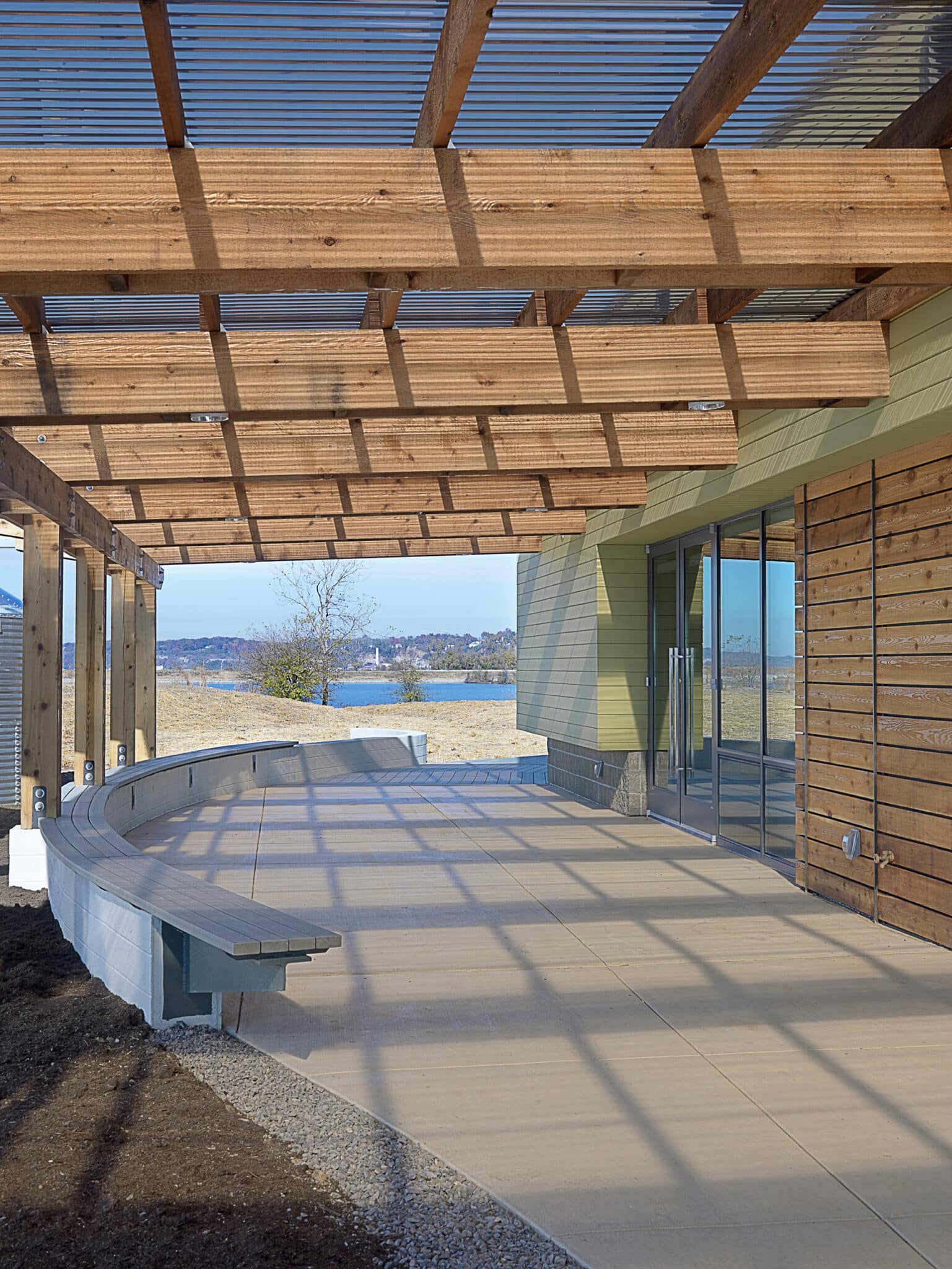 exterior patio of the audubon center at riverlands designed by trivers architectural firm