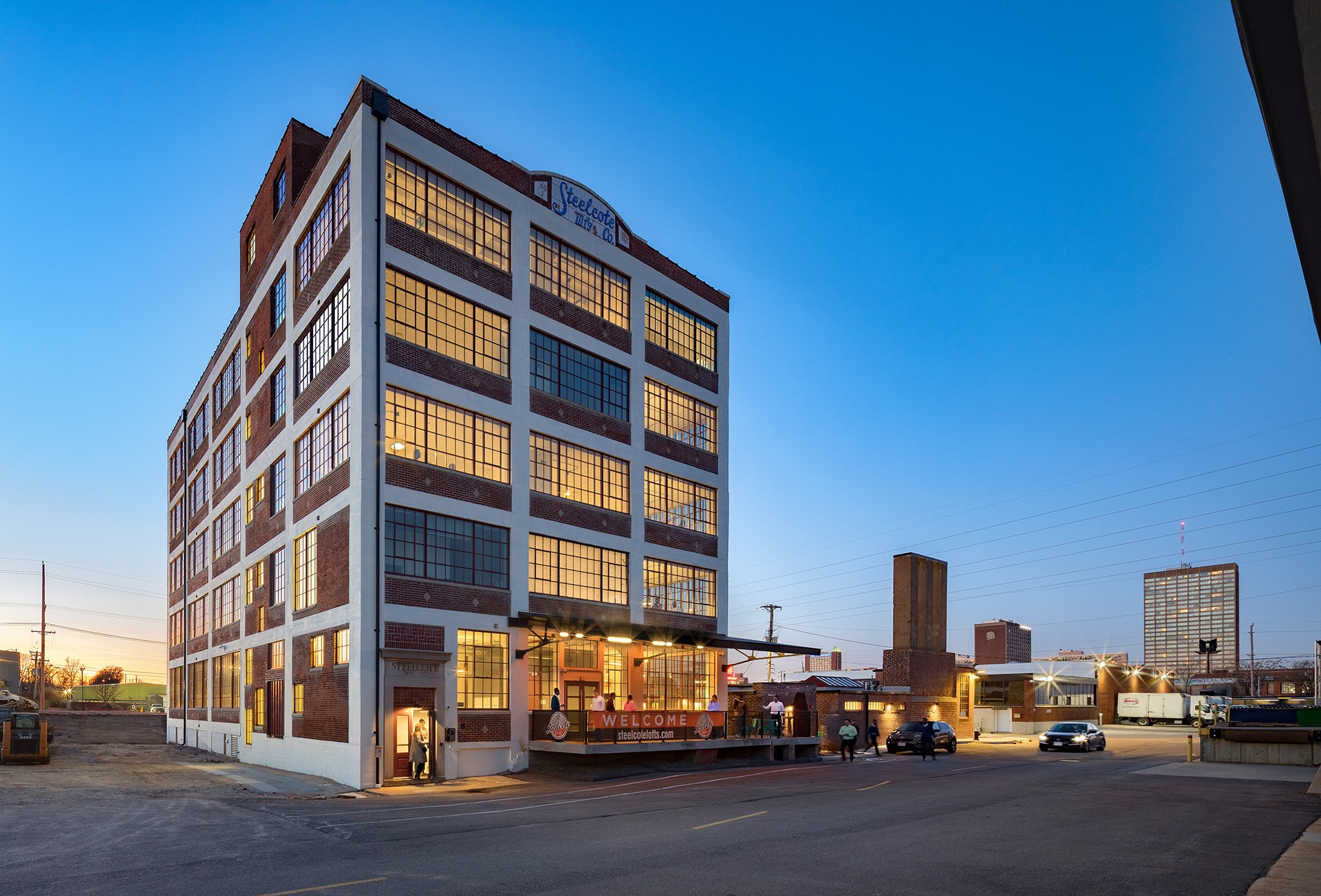 exterior of steelcote loft building designed by trivers architectural firm