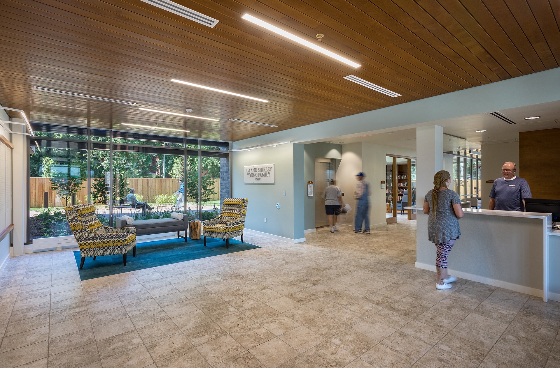 interior of american cancer society hope lodge lobby designed by trivers architectural firm in st. louis