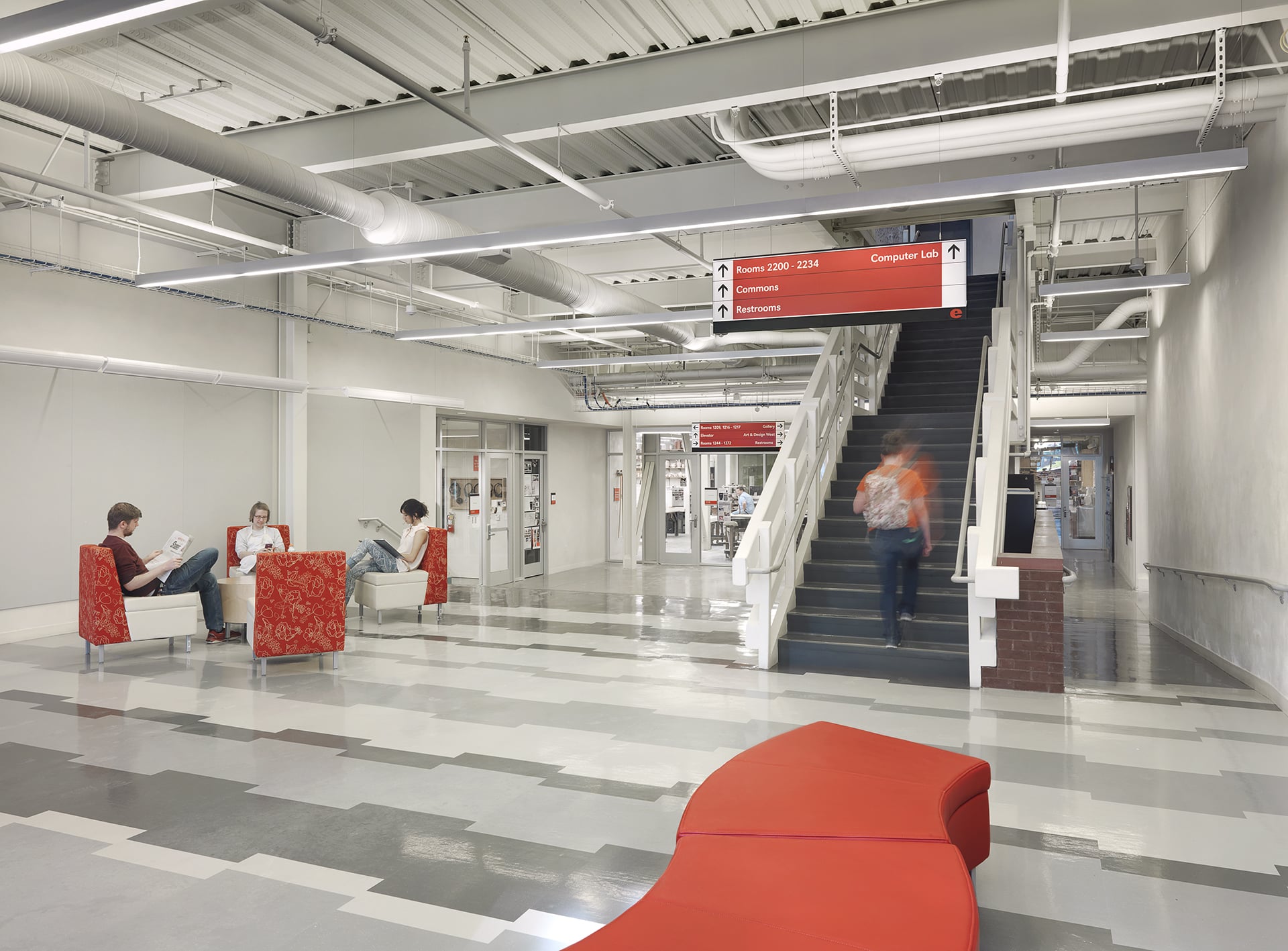 interior lobby of southern illinois university art and design building renovated by trivers architectural firm