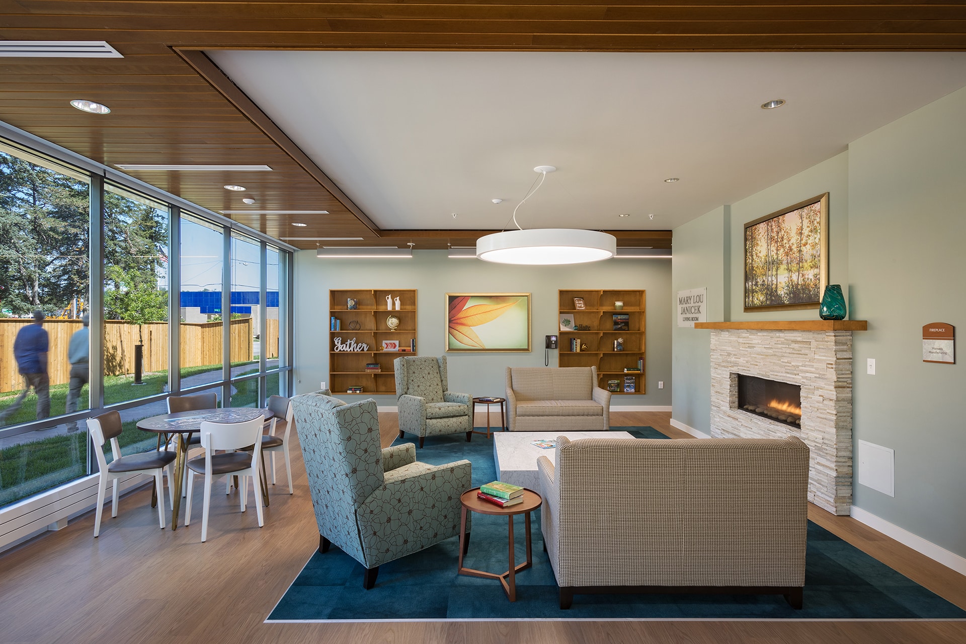 interior of american cancer society hope lodge living room designed by trivers architectural firm in st. louis