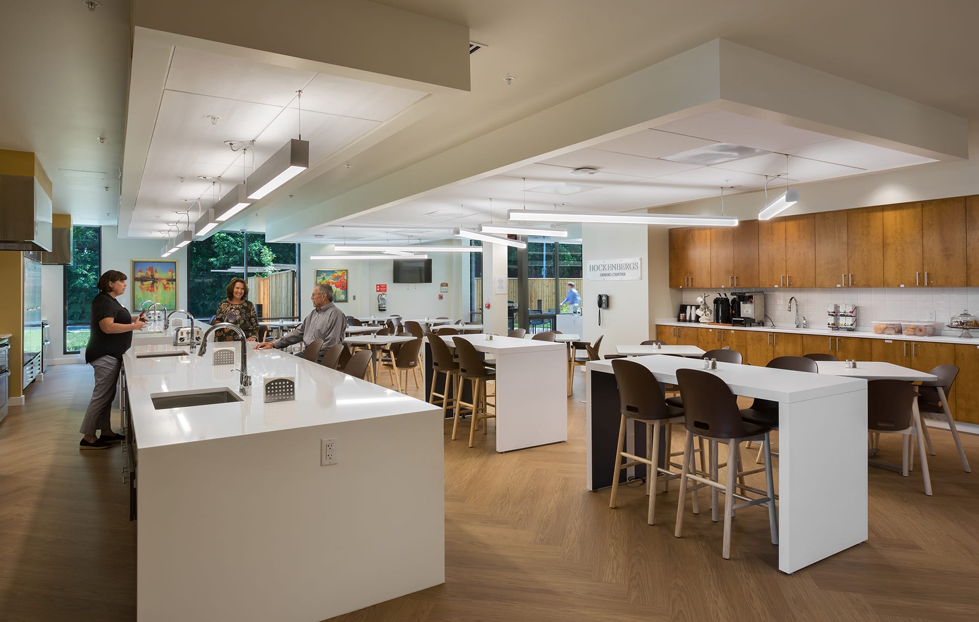 interior of american cancer society kitchen lodge designed by trivers architectural firm in st. louis
