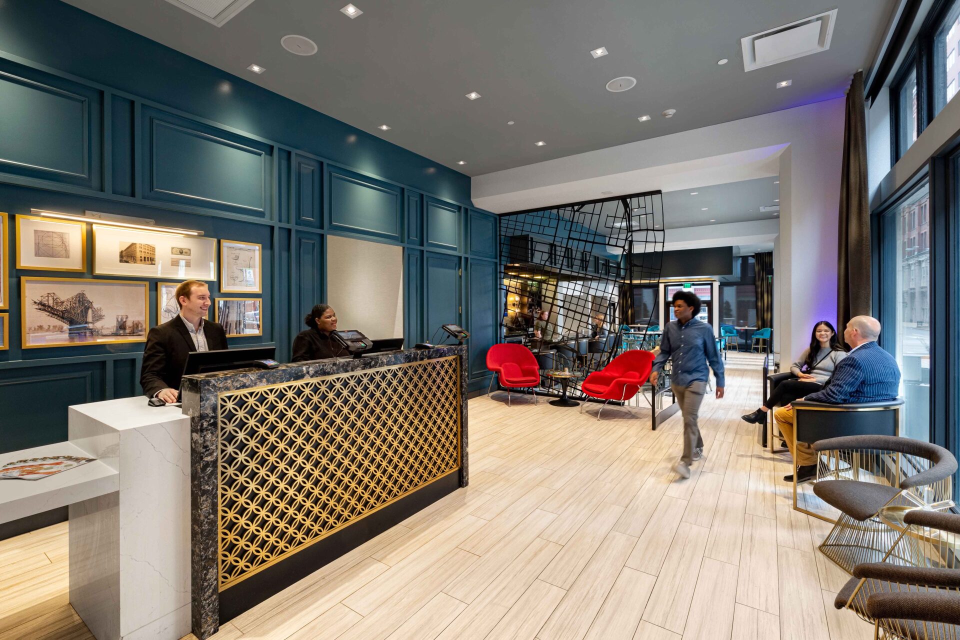 Interior of Lobby Check-in at Hotel Indigo - Designed by Trivers Architectural Firm