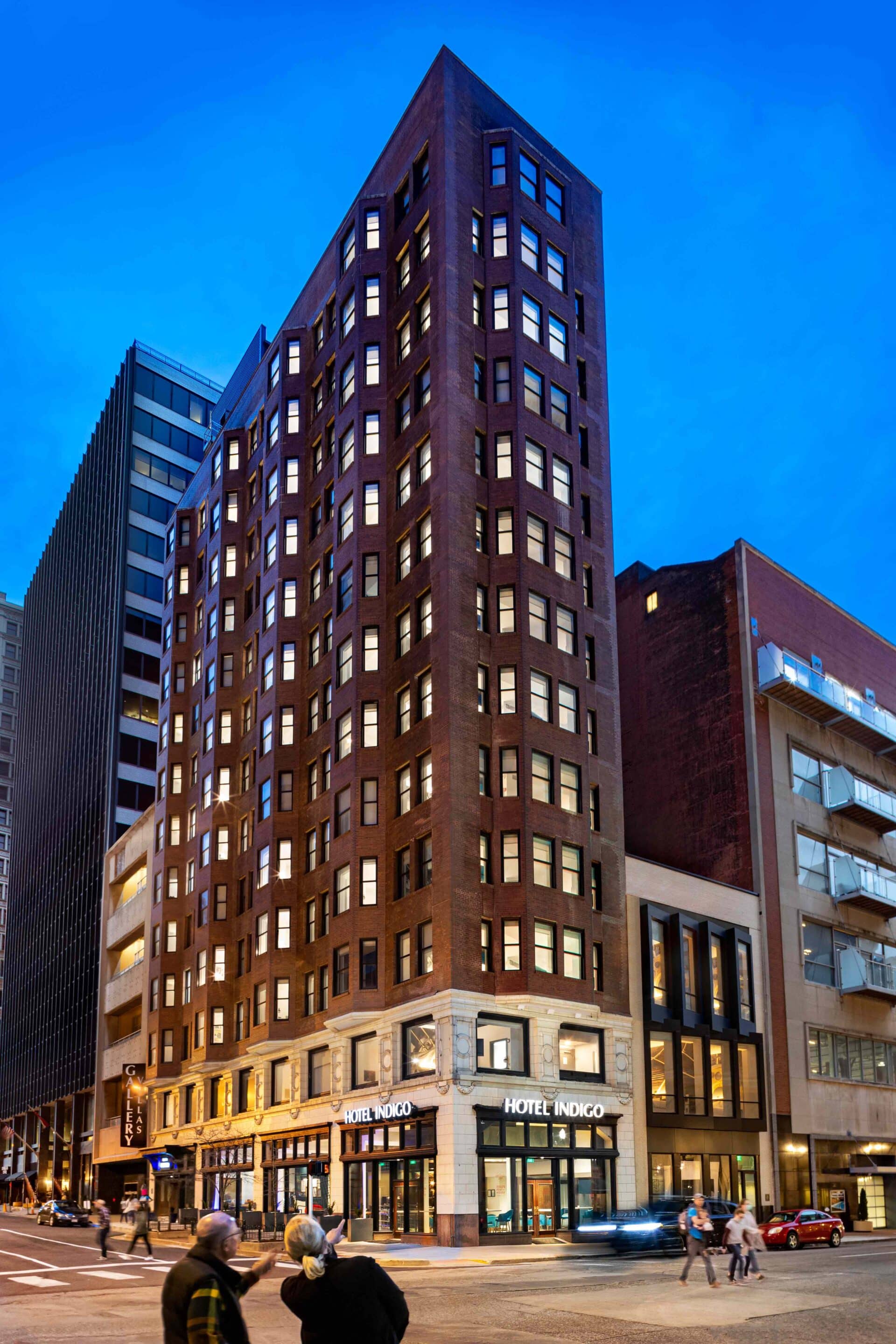 Exterior of Hotel Indigo Building at Night Designed by Trivers Architectural Firm