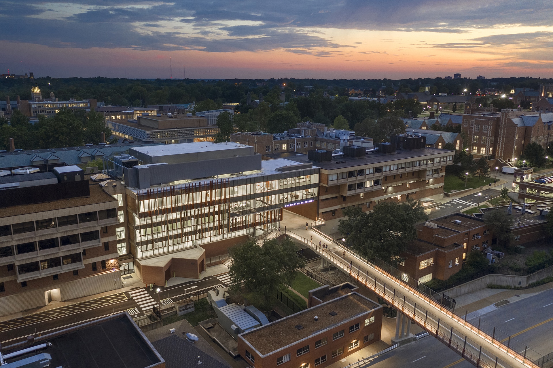 exterior aerial of washington university bryan hall designed by trivers architectural firm