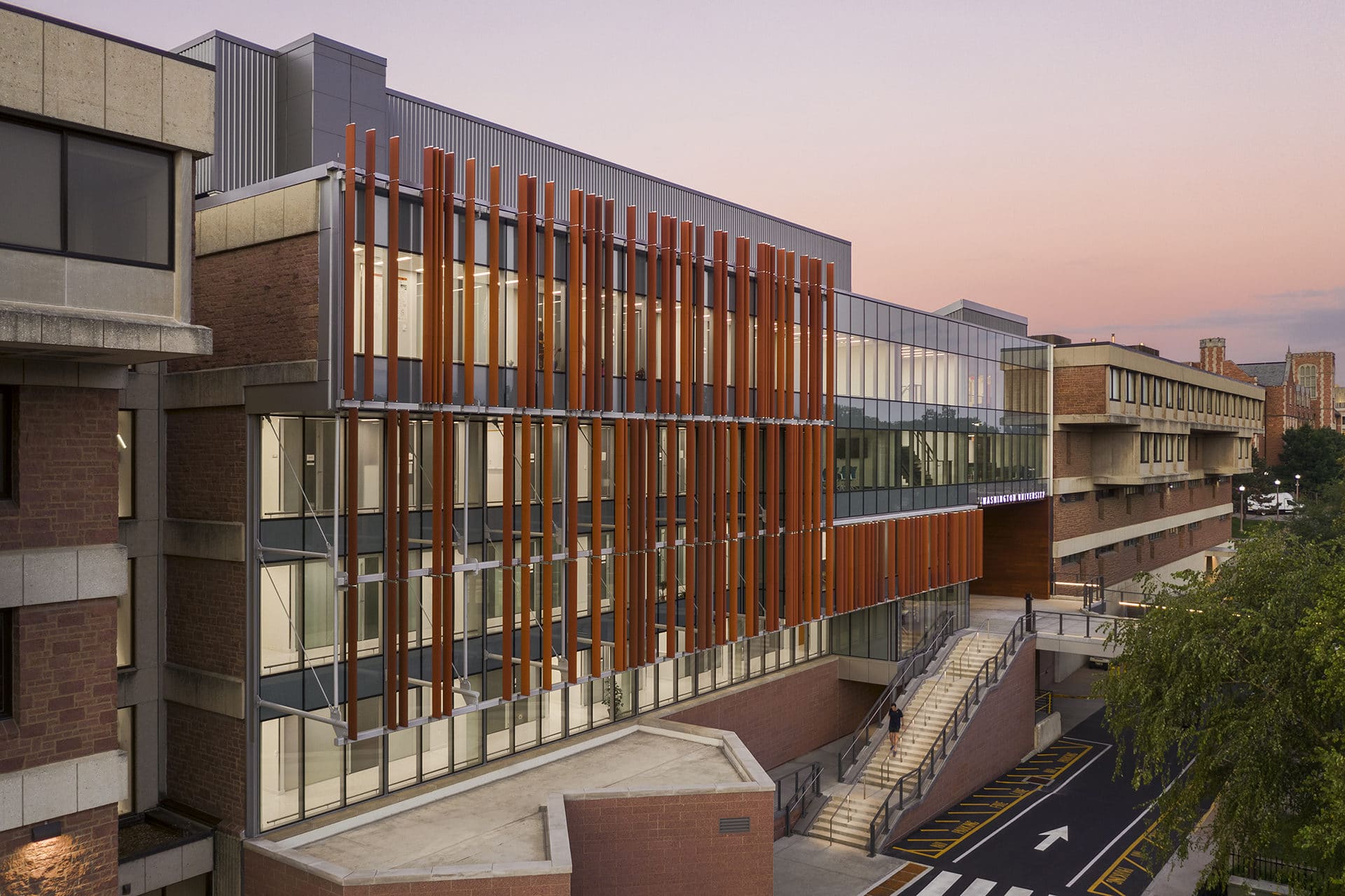 exterior angled view of washington university bryan hall walkthrough designed by trivers architectural firm