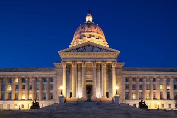 Exterior of Newly Renovated Missouri Capitol Building at Night by Trivers Architectural Firm