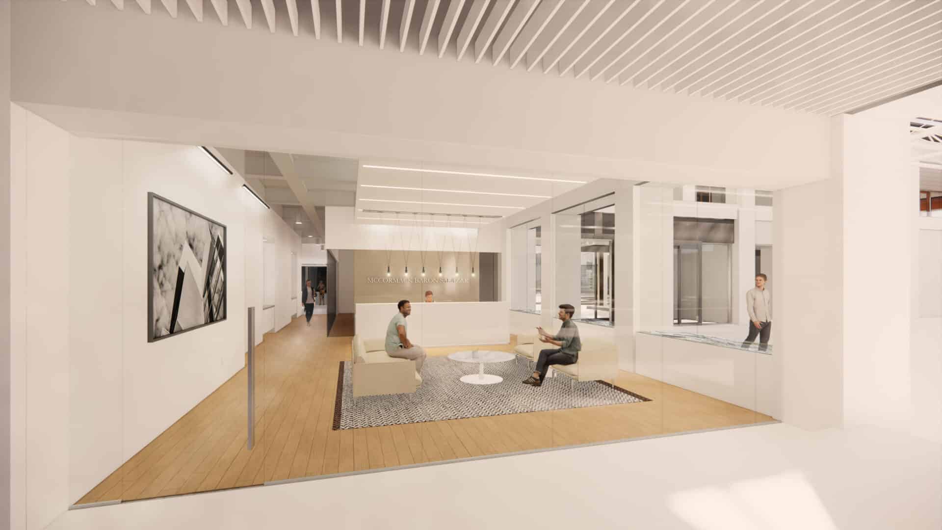 rendering of collaborative space inside baron salazar corporate offices designed by trivers