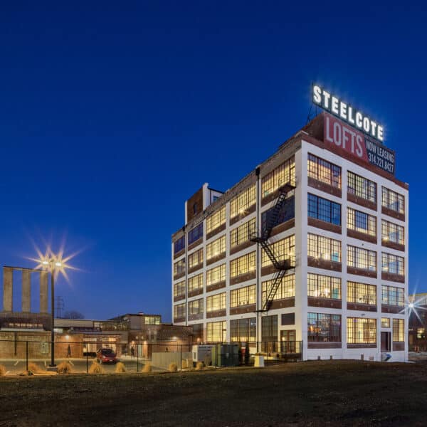 exterior of steelcote loft building designed by trivers architectural firm