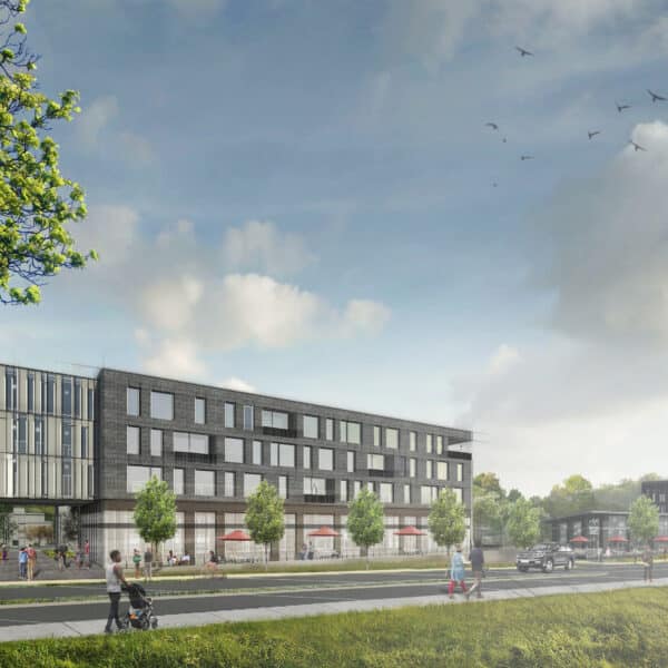 exterior of mixed use building designed by trivers architectural firm in st. louis