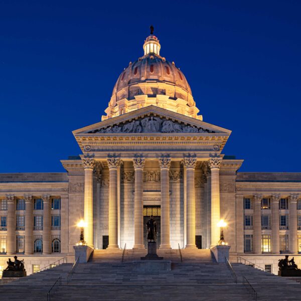 Exterior of Newly Renovated Missouri Capitol Building at Night by Trivers Architectural Firm